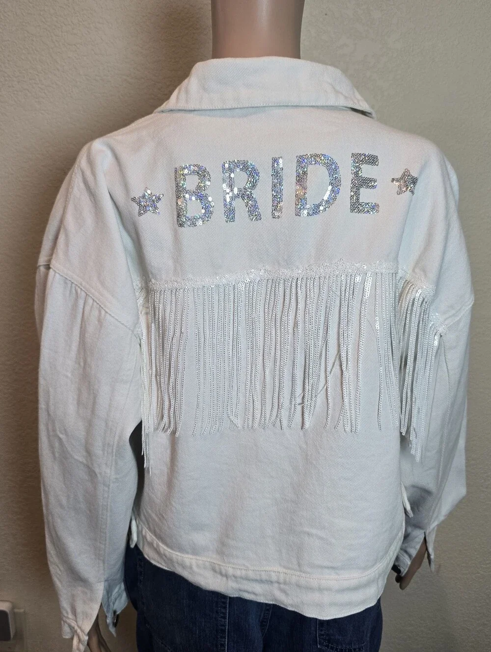 Altar'd State White Fringe 'BRIDE' Denim Jacket - Picture 12 of 12